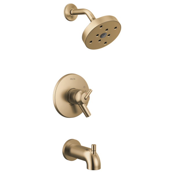 Champagne bronze tub and shower trim set with round showerhead, wall-mounted control valve, and tub spout.