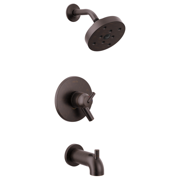 Oil-rubbed bronze showerhead with arm, valve trim with lever handle, and tub spout.