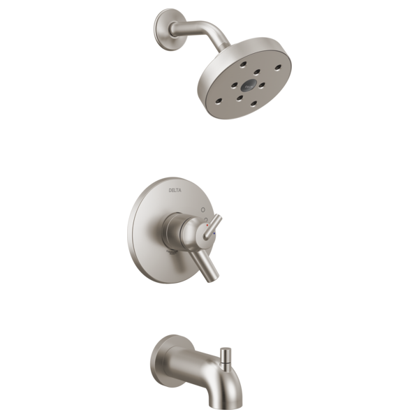 Brushed nickel tub and shower trim with round showerhead, lever handle, and tub spout.
