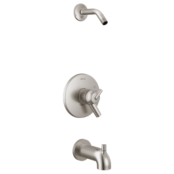 Brushed nickel tub and shower trim with wall-mounted control valve and two spouts, without showerhead.