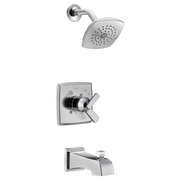 Chrome showerhead with curved arm, valve trim plate with dual handles, and chrome tub spout with waterfall design.