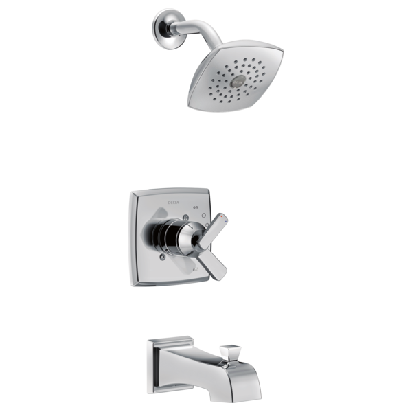 Chrome showerhead with curved arm, valve trim plate with dual handles, and chrome tub spout with waterfall design.