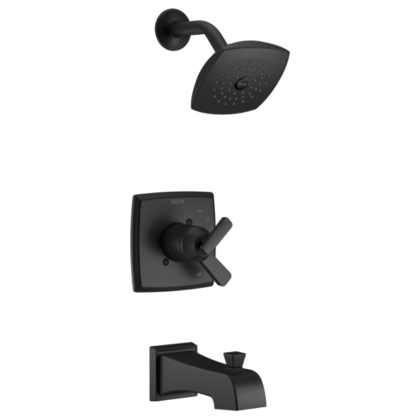 Black matte tub and shower trim kit with showerhead, valve control, and tub spout.
