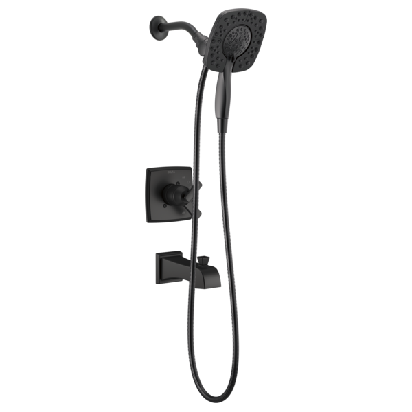 Black shower trim with square wall-mounted valve controls, adjustable hand shower head, and separate spout on curved arm.
