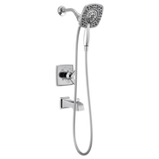 Chrome shower trim with square wall plate, dual showerheads including overhead rainfall head and handheld wand on hose.