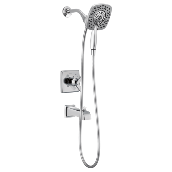 Chrome shower trim with square wall plate, dual showerheads including overhead rainfall head and handheld wand on hose.