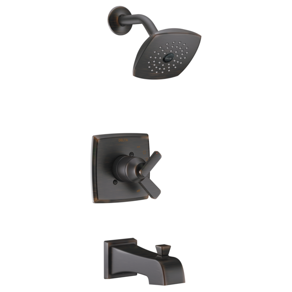 Black tub and shower trim kit with square showerhead, valve trim plate with lever handle, and tub spout.