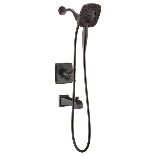 Matte black shower trim with square valve controls, hand shower head, and curved spout with flexible hose connection.