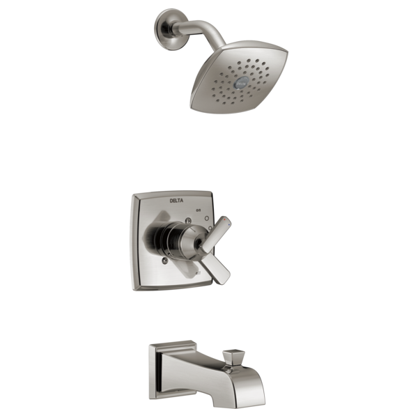 Brushed nickel tub and shower trim with square showerhead, valve trim plate with dual handles, and tub spout.