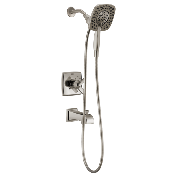 Brushed nickel shower trim with square wall valve, handheld showerhead, and fixed overhead showerhead on curved arm.