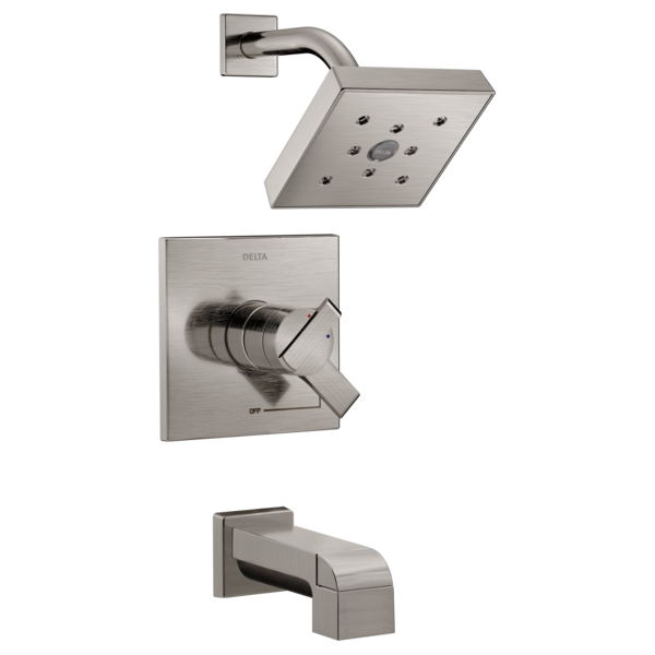 Chrome tub and shower trim set with square showerhead, wall-mounted valve trim plate, and tub spout.