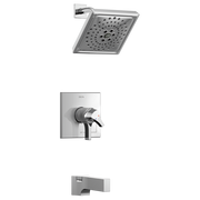 Chrome tub and shower trim set with square rainfall showerhead, wall-mounted valve control, and tub spout.