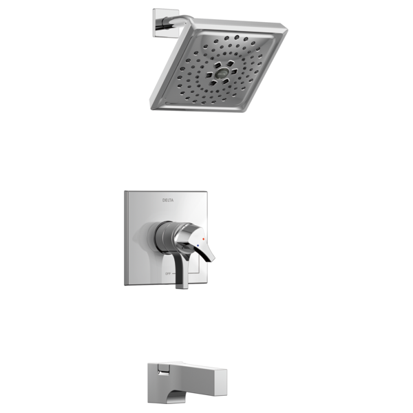 Chrome tub and shower trim set with square rainfall showerhead, wall-mounted valve control, and tub spout.