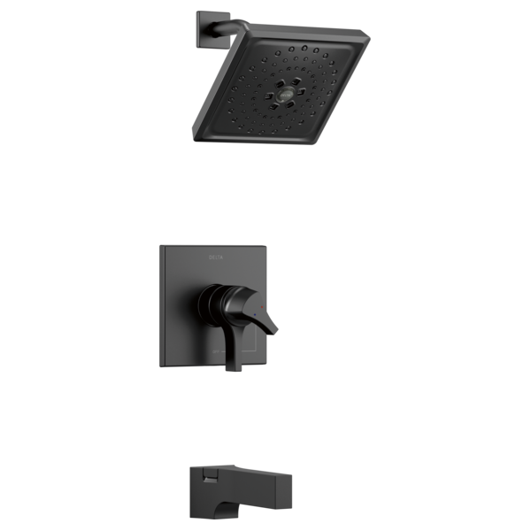 Black matte shower trim set with square showerhead, wall-mounted valve trim plate, and tub spout.