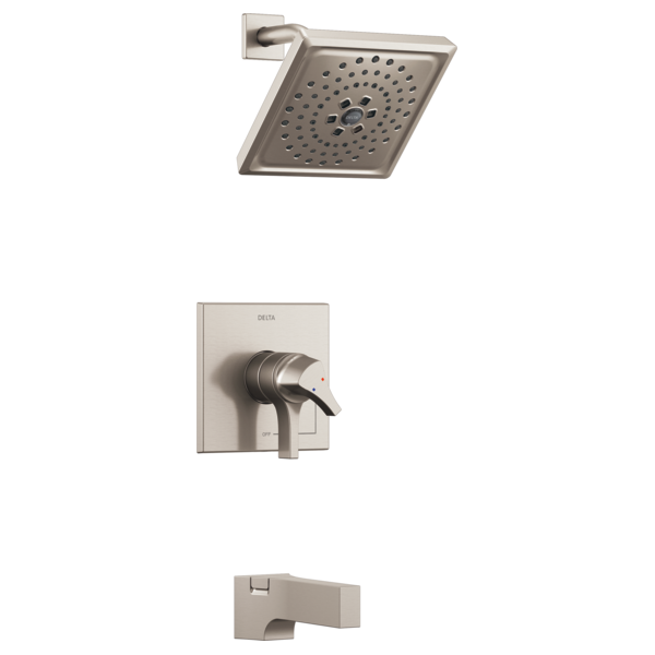 Brushed nickel square showerhead with perforated pattern, wall-mounted valve trim, and tub spout.