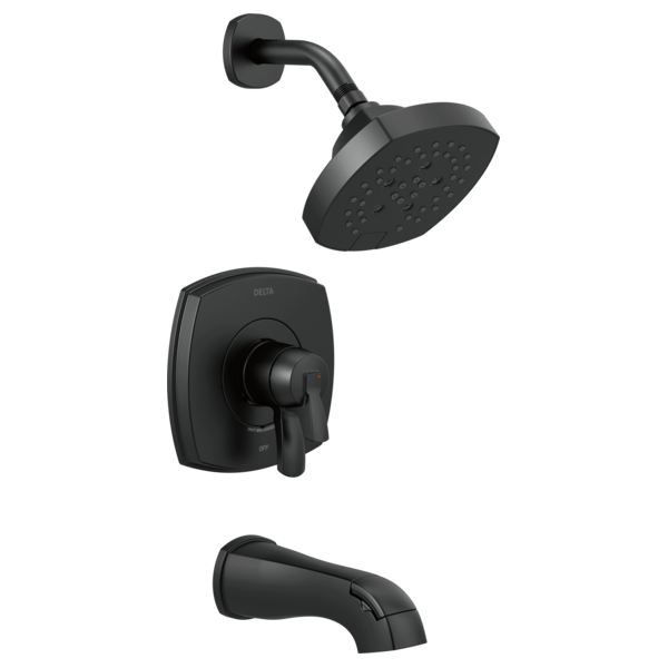 Black Delta Stryke tub and shower system with showerhead, wall-mounted valve trim, and tub spout.