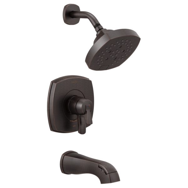 Dark bronze tub and shower faucet set with round showerhead, angled arm, and valve trim plate.