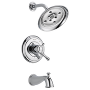 Chrome tub and shower trim with round showerhead, valve control with lever handle, and curved tub spout.