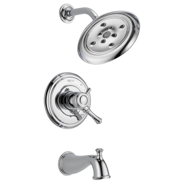 Chrome tub and shower trim with round showerhead, valve control with lever handle, and curved tub spout.