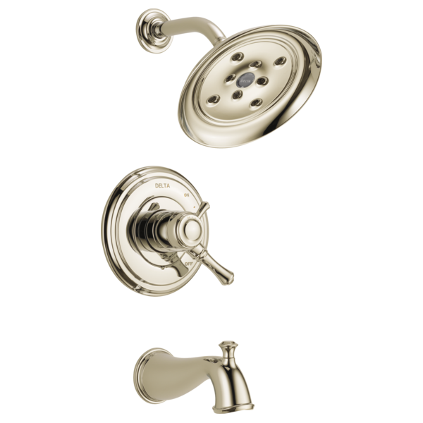 Polished nickel tub and shower trim with multi-jet showerhead, valve trim with lever handles, and tub spout.