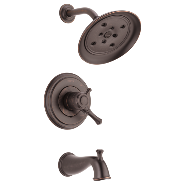 Dark bronze tub and shower trim with round showerhead, valve control, and tub spout.