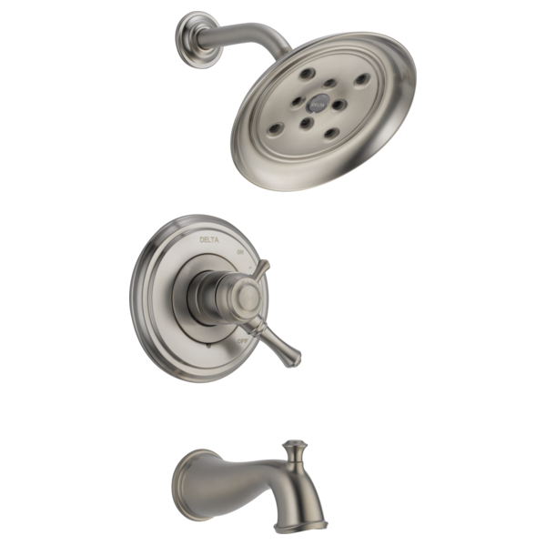 Brushed nickel tub and shower trim with round showerhead, valve trim plate with dual handles, and tub spout.