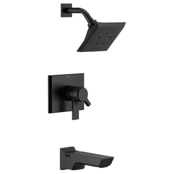 Black matte tub and shower trim with square showerhead, wall-mounted control valve, and tub spout.