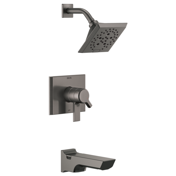 Gunmetal gray tub and shower trim with square showerhead, wall-mounted control valve, and tub spout.