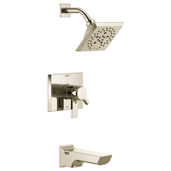 Brushed nickel tub and shower trim with square showerhead, control valve, and tub spout.