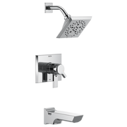 Chrome tub and shower trim with square showerhead, curved arm, wall-mounted valve, and tub spout.
