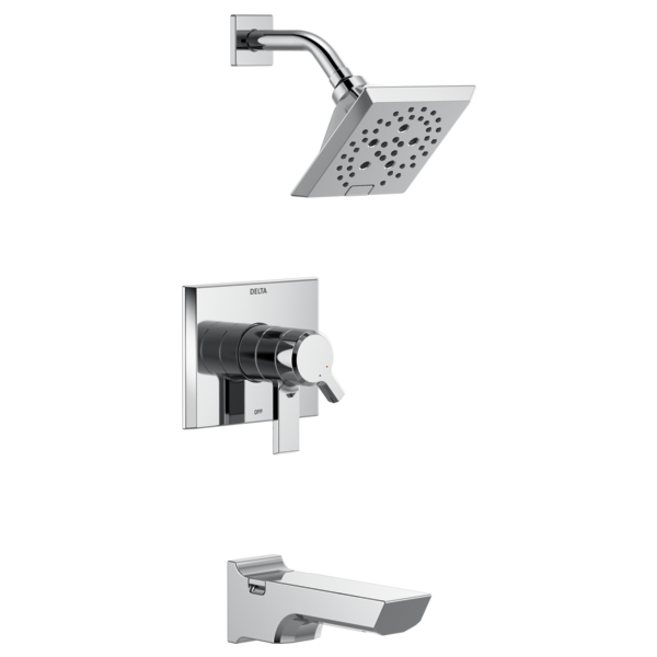 Chrome tub and shower trim with square showerhead, curved arm, wall-mounted valve, and tub spout.