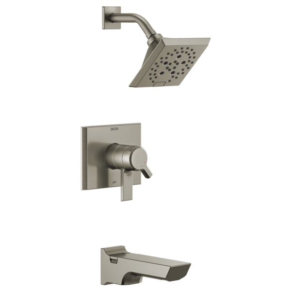 Brushed nickel tub and shower trim set with square showerhead, wall-mounted control valve, and tub spout.