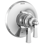 Delta Dorval chrome shower valve trim with round escutcheon, lever handles, and temperature control knob.