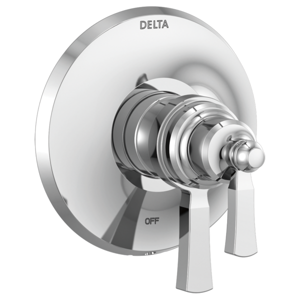 Delta Dorval chrome shower valve trim with round escutcheon, lever handles, and temperature control knob.