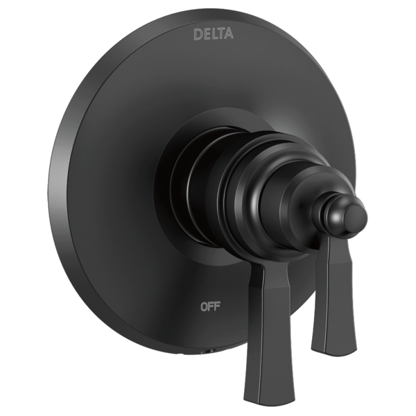 Black Delta TempAssure valve trim with round escutcheon plate, lever handles, and center post control.