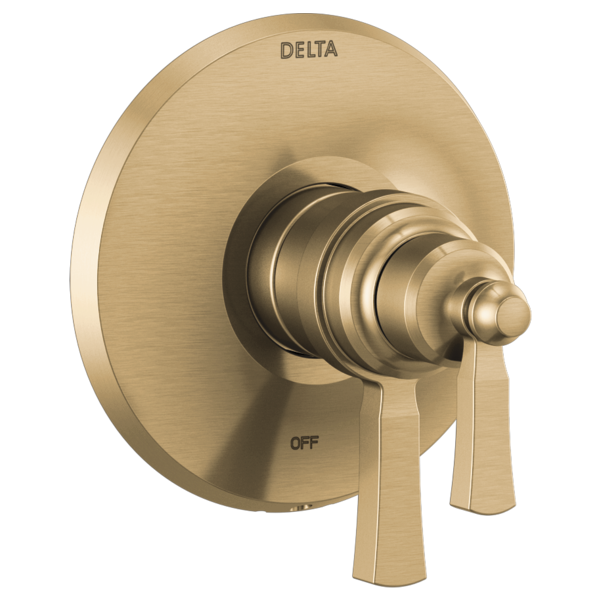 Champagne bronze Delta valve trim with round escutcheon plate, dual lever handles, and stacked metallic knobs.