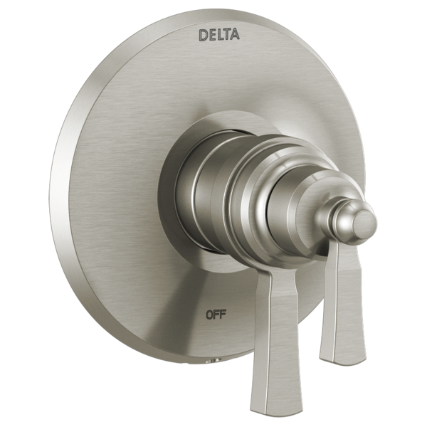 Brushed nickel Delta valve trim with round escutcheon plate, dual lever handles, and central rotating cartridge mechanism.