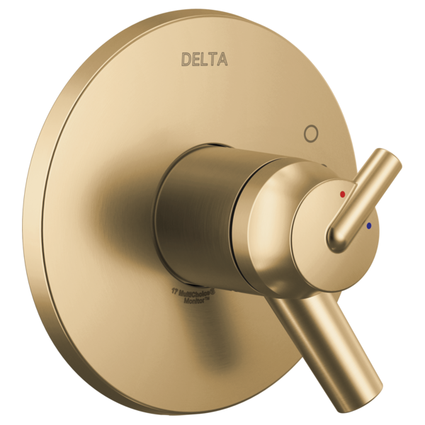 Delta Trinsic valve trim with round champagne gold escutcheon, cylindrical handle, and temperature indicator dots.
