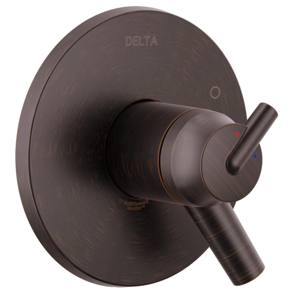 Delta Trinsic shower valve trim in oil-rubbed bronze with single lever handle and round escutcheon plate.
