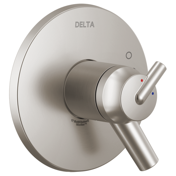 Delta Trinsic TempAssure 17T Series brushed nickel valve trim with round escutcheon plate and lever handle.