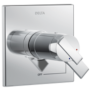 Chrome Delta shower valve trim with square escutcheon plate, angled control handle, and temperature indicators.
