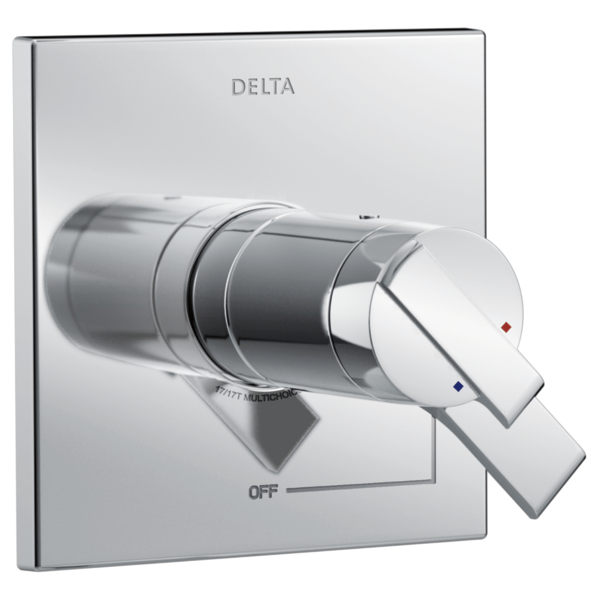 Chrome Delta shower valve trim with square escutcheon plate, angled control handle, and temperature indicators.