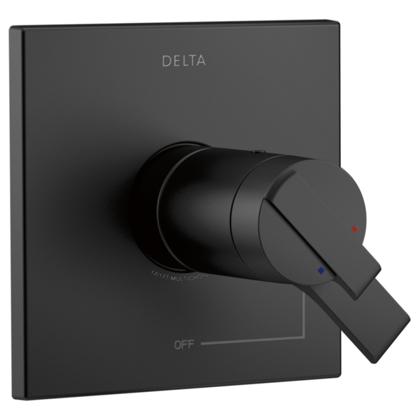 Black Delta shower valve trim with square escutcheon plate, single lever handle, and temperature control indicator dots.