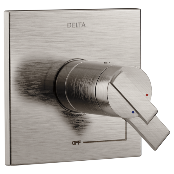 Delta Ara TempAssure 17T Series brushed nickel valve trim with single lever handle and temperature indicator dots.
