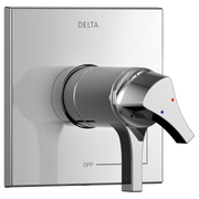 Delta Zura chrome valve trim with single lever handle, temperature control indicators, and square escutcheon plate.