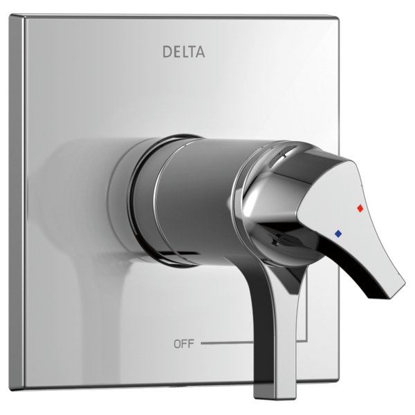 Delta Zura chrome valve trim with single lever handle, temperature control indicators, and square escutcheon plate.