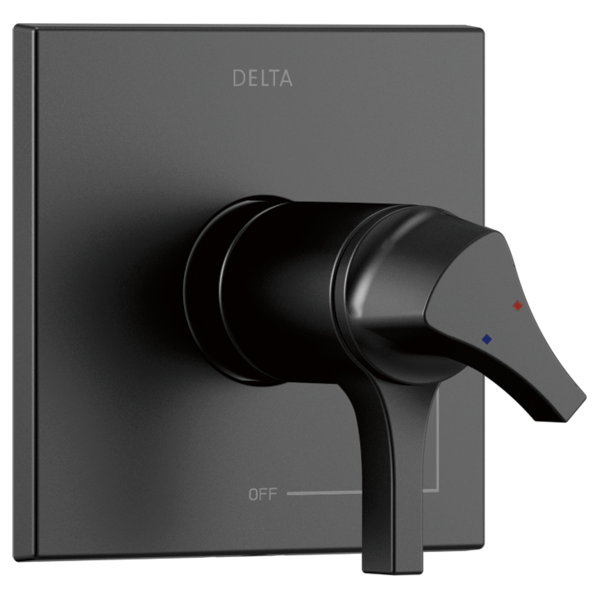 Delta Zura TempAssure 17T Series valve trim in matte black with square escutcheon plate and lever handle.