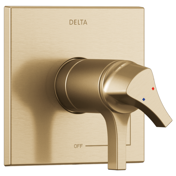 Brushed champagne Delta Zura TempAssure valve trim with single lever handle and temperature indicator dots on square escutche