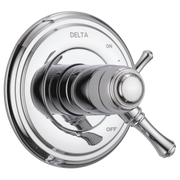 Chrome shower valve trim with round escutcheon, lever handle, and on/off markings.