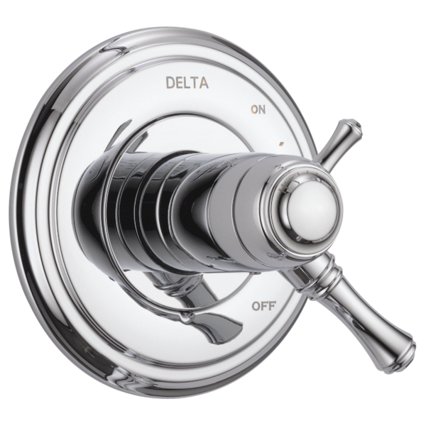 Chrome shower valve trim with round escutcheon, lever handle, and on/off markings.
